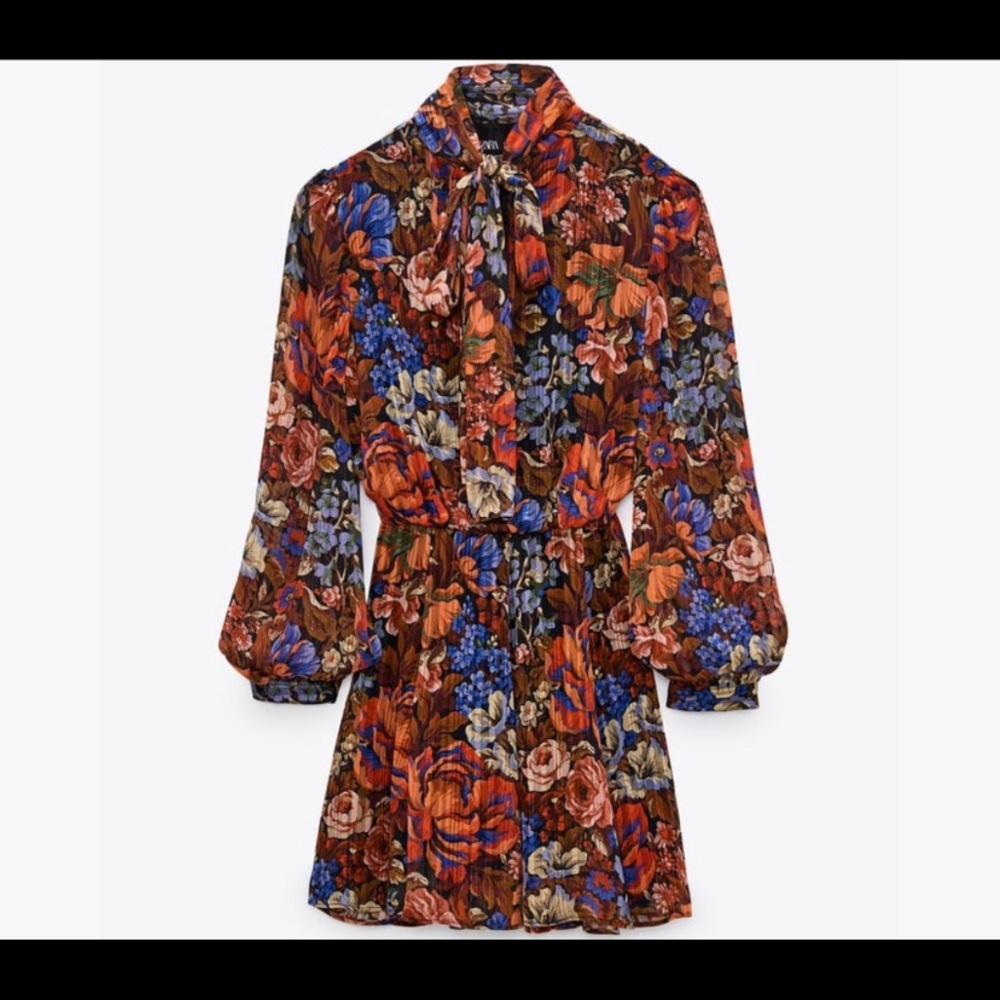 Zara floral print dress with pussybow NWT